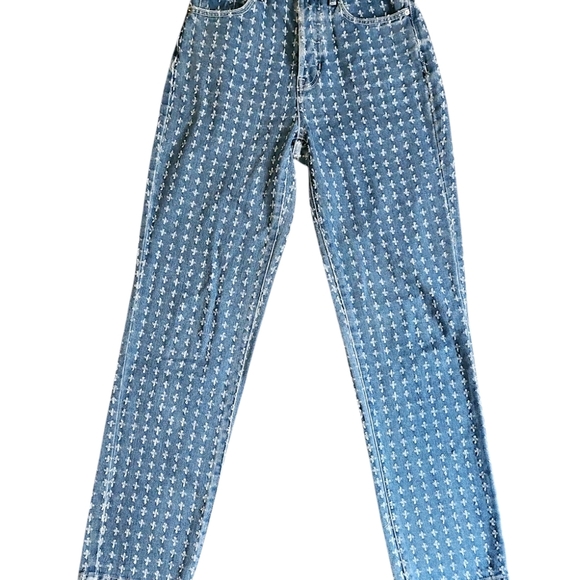 PacSun Jeans Womens Sz 25 Blue Dad Jean Straight All Over Distressed Crosses - Picture 4 of 8